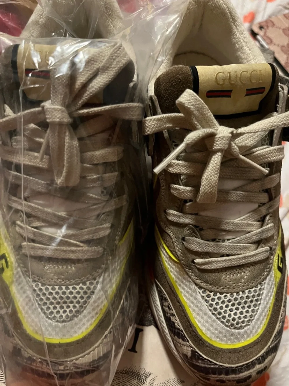 Gucci Beige Suede & Mesh Sneakers with Neon Yellow Accent - Picture 2 of 15